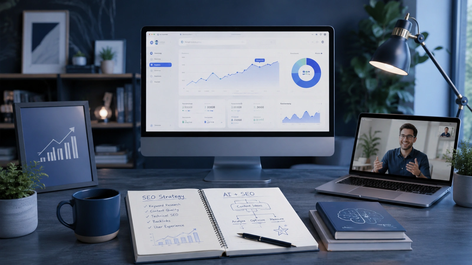 Clase online sobre SEO con IA revisando estrategia de contenidos, análisis web y mejora de prompts para evitar textos genéricos.