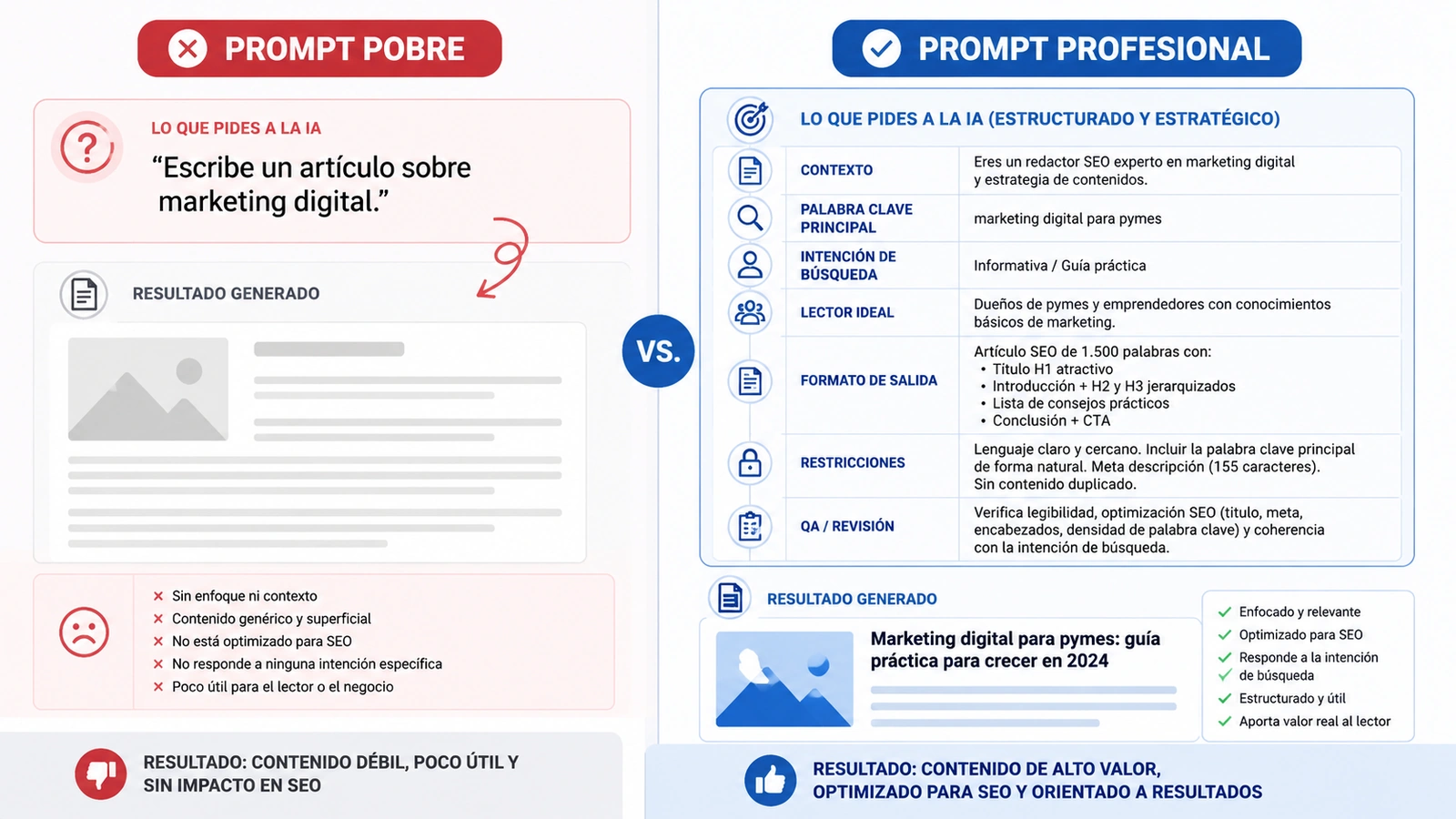 Comparativa entre un prompt pobre y un prompt profesional para crear contenido SEO con IA