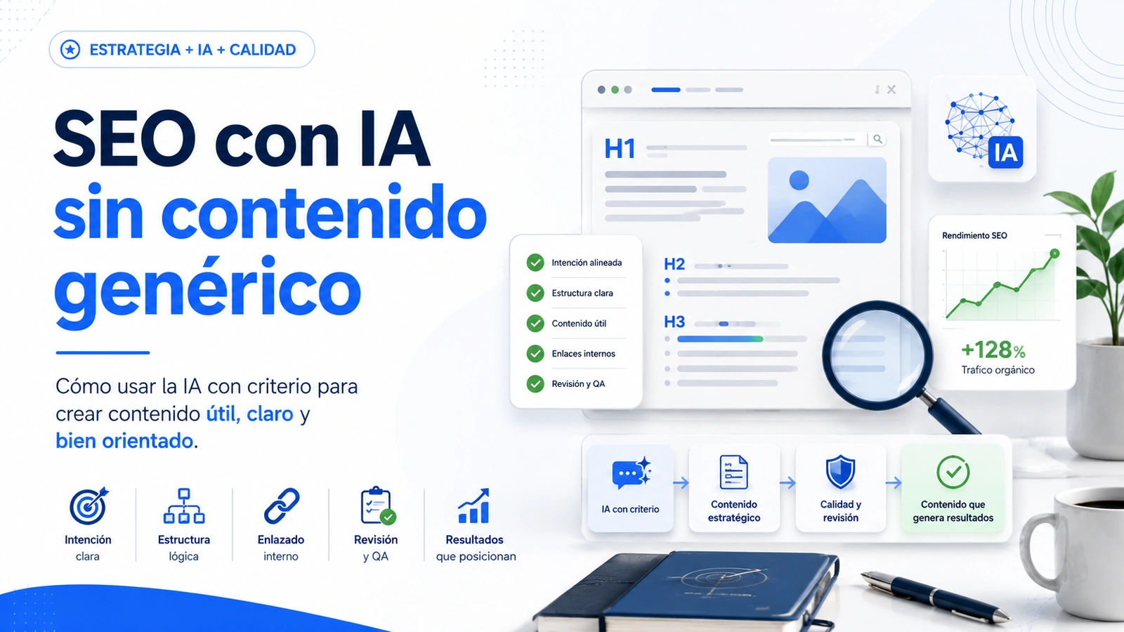 Imagen de portada sobre SEO con IA sin contenido genérico, con estructura H1, H2 y H3, revisión QA, enlaces internos e intención de búsqueda.