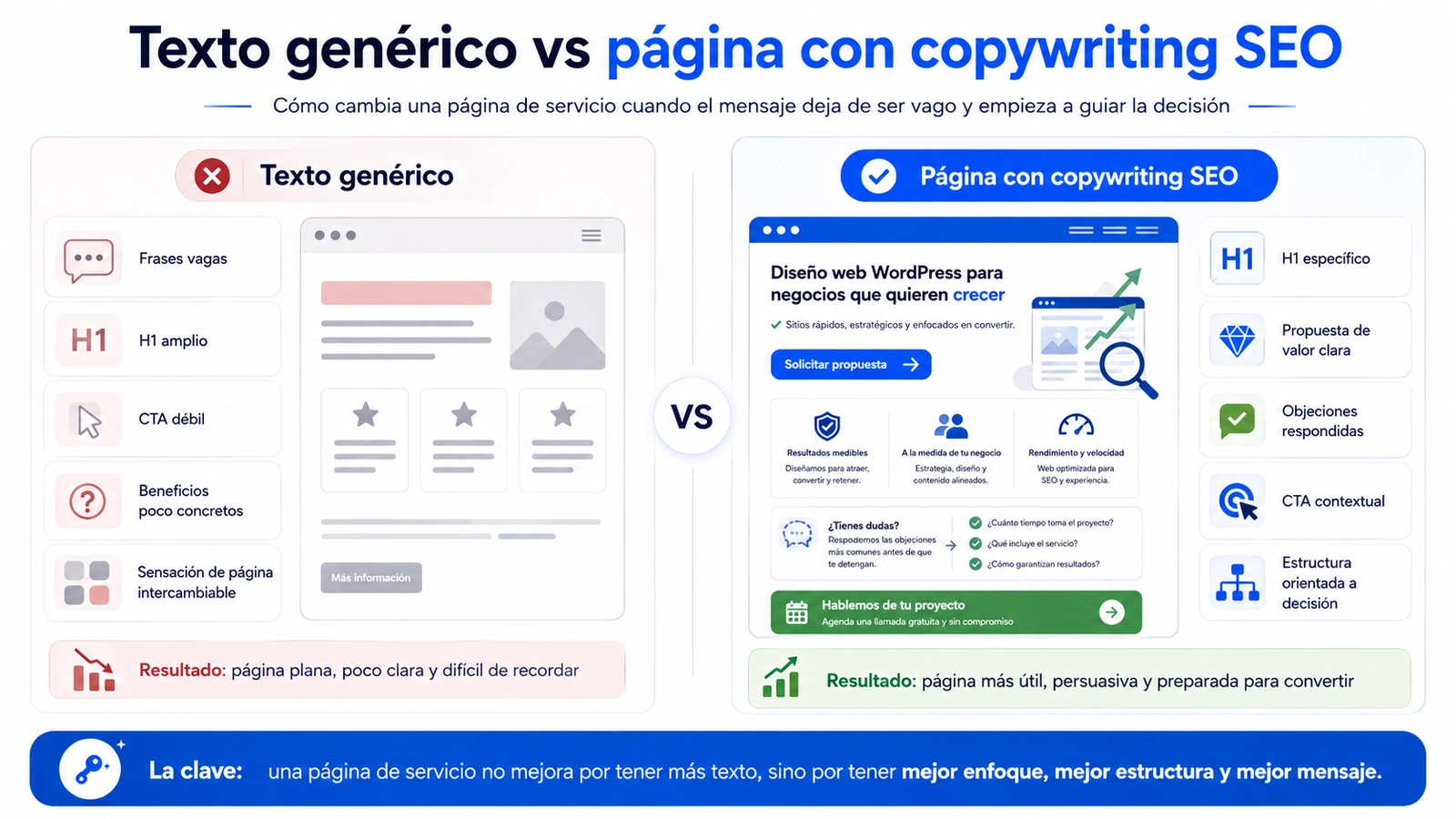 Comparativa antes y después de copywriting SEO aplicado a una página de servicio con texto genérico frente a una estructura clara y orientada a conversión.