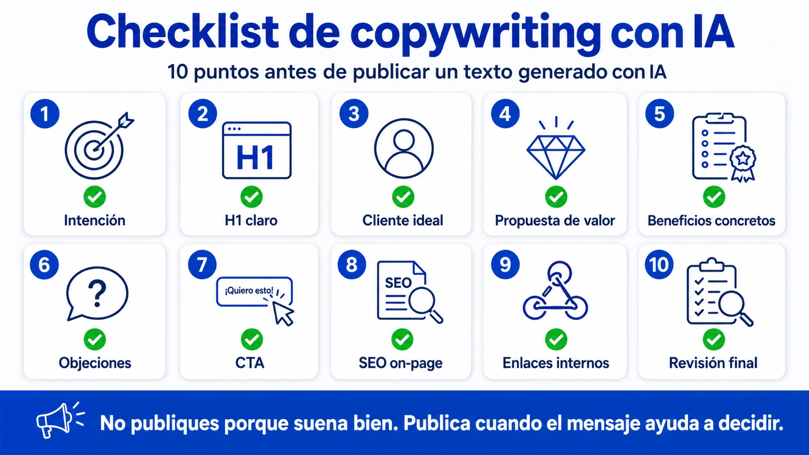 Checklist de copywriting con IA antes de publicar un texto generado con IA