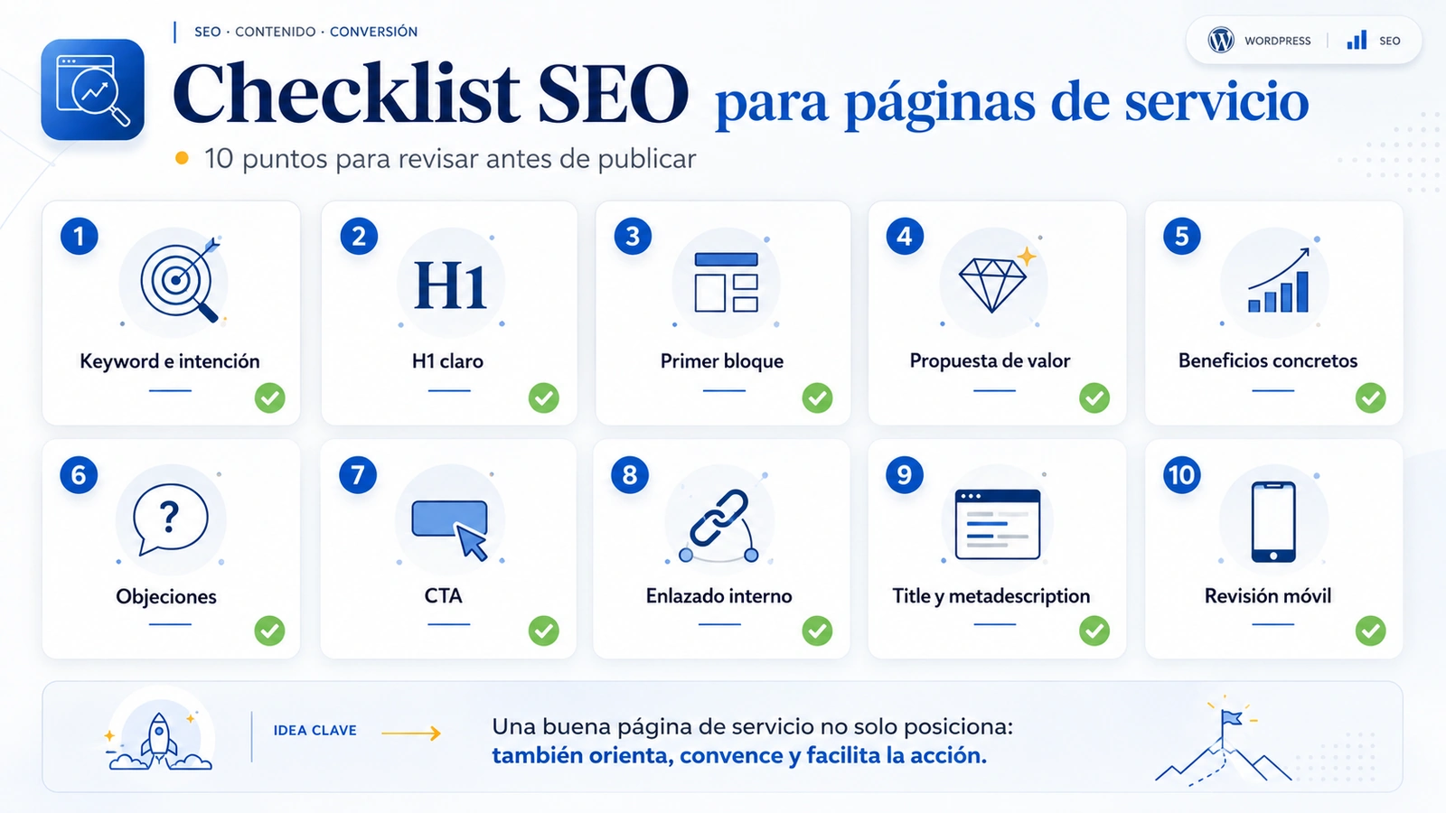 Checklist de copywriting SEO para páginas de servicio con keyword, H1, propuesta de valor, objeciones, CTA, enlaces internos y revisión móvil.