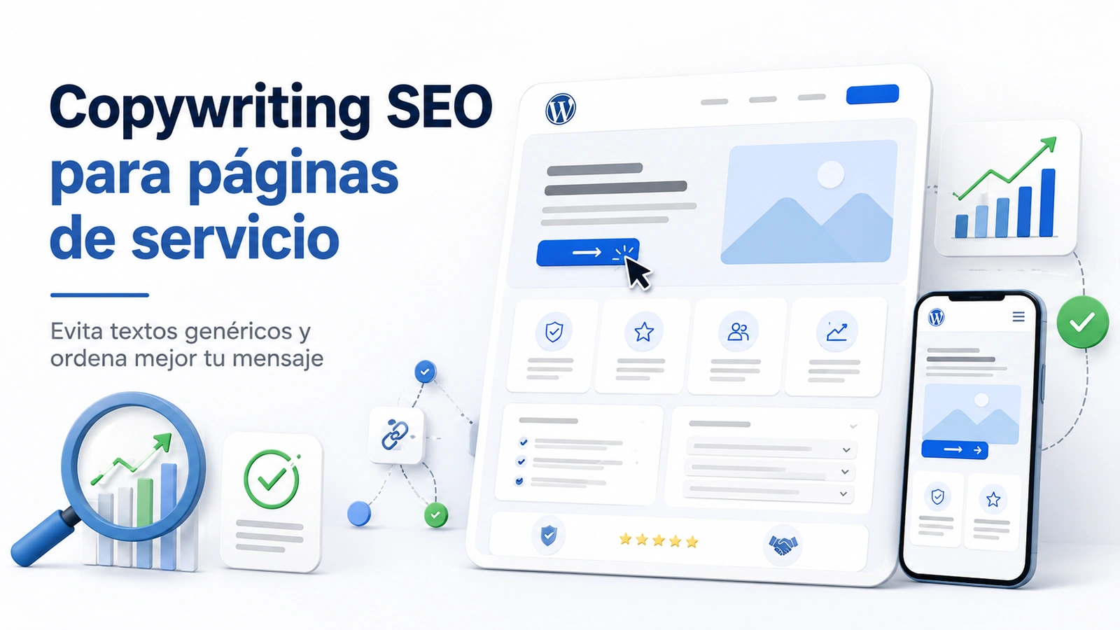 Imagen de portada sobre copywriting SEO para páginas de servicio, con una web en WordPress, CTA, versión móvil, enlaces internos y señales de mejora.
