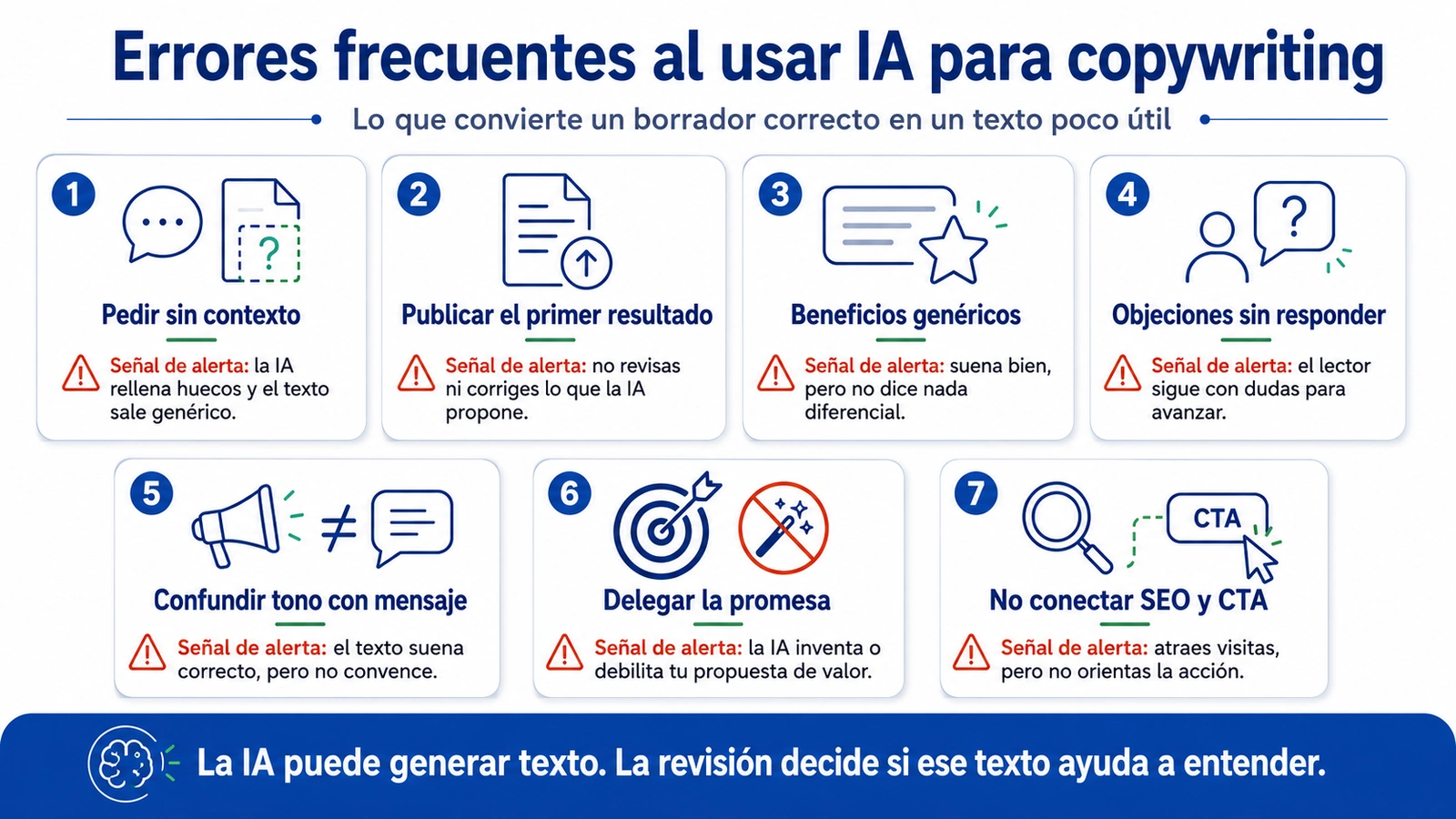 Errores frecuentes al usar IA para copywriting y publicar textos genericos sin revision