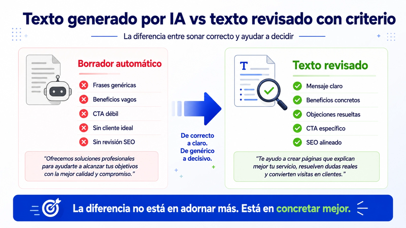 Texto generado por IA frente a texto revisado con criterio en copywriting con IA