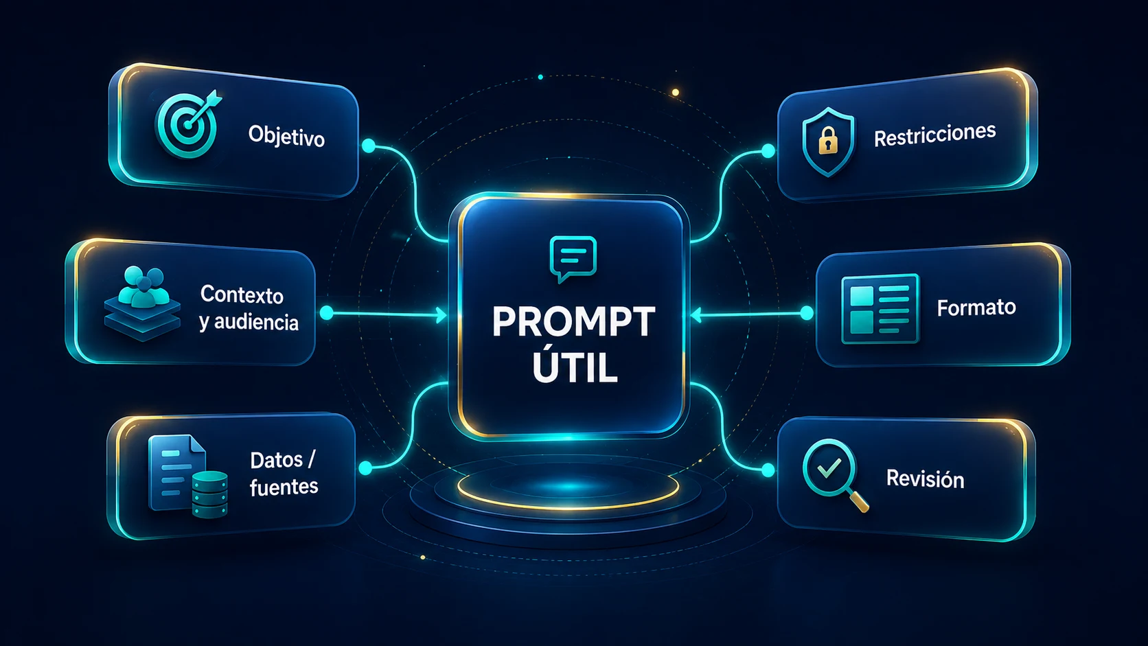 Anatomía de un prompt útil con objetivo, contexto y audiencia, datos, restricciones, formato y revisión conectados