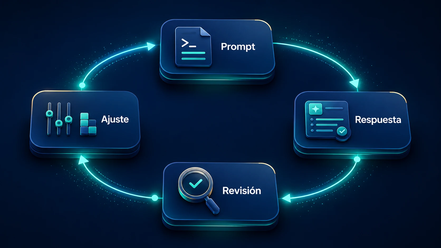 Proceso iterativo de prompt, respuesta, revisión y ajuste para mejorar una instrucción de IA