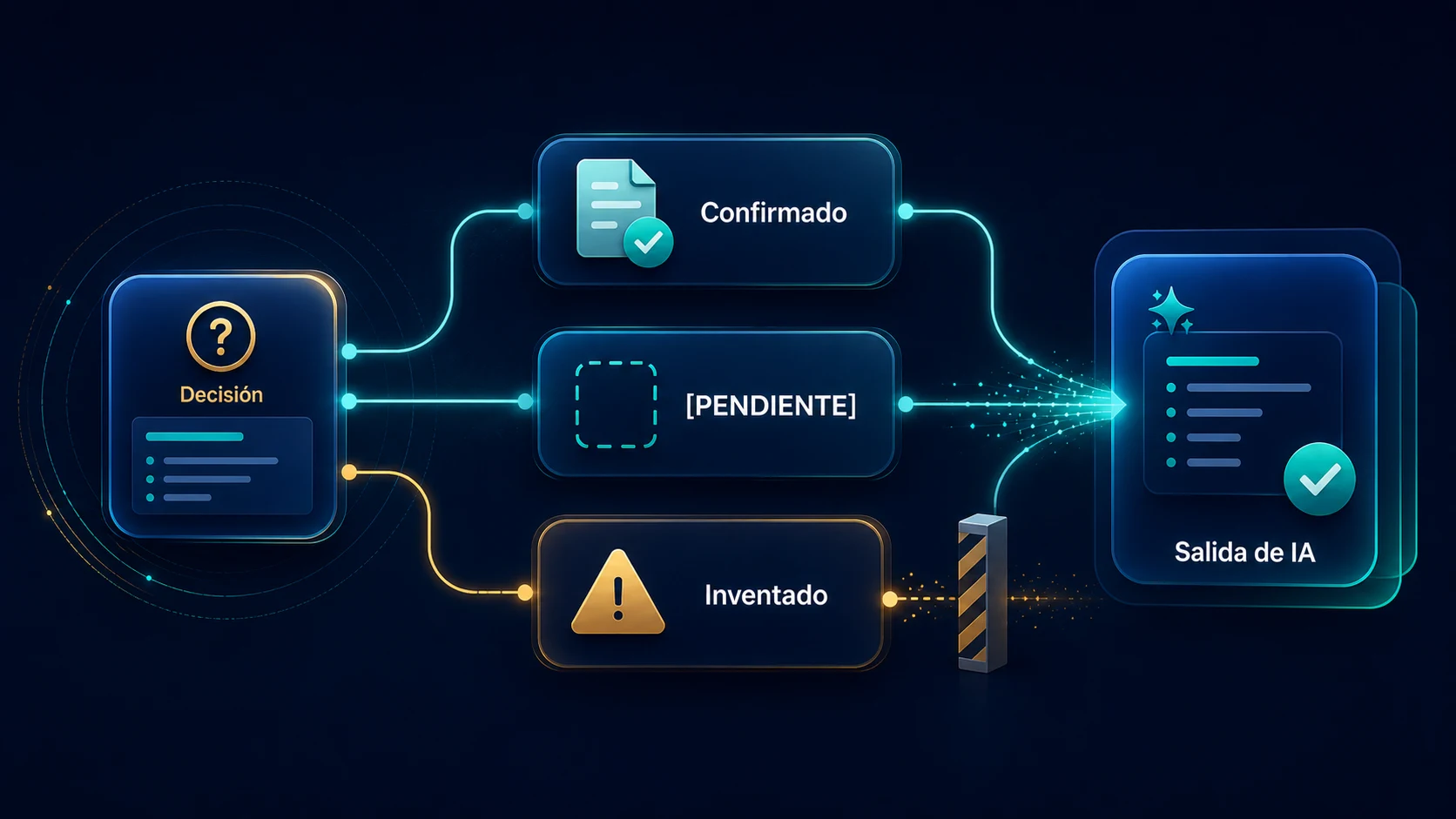 Diagrama de una decisión de un prompt separada en dato confirmado, pendiente e información que la IA no debe inventar