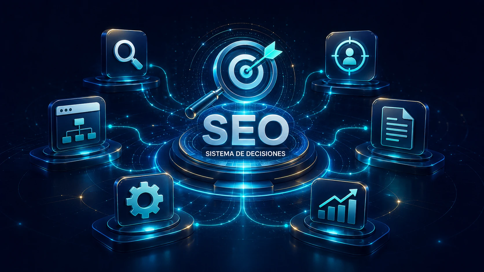 Ilustración del SEO como un sistema conectado de búsqueda, intención, páginas, contenido, técnica y medición.