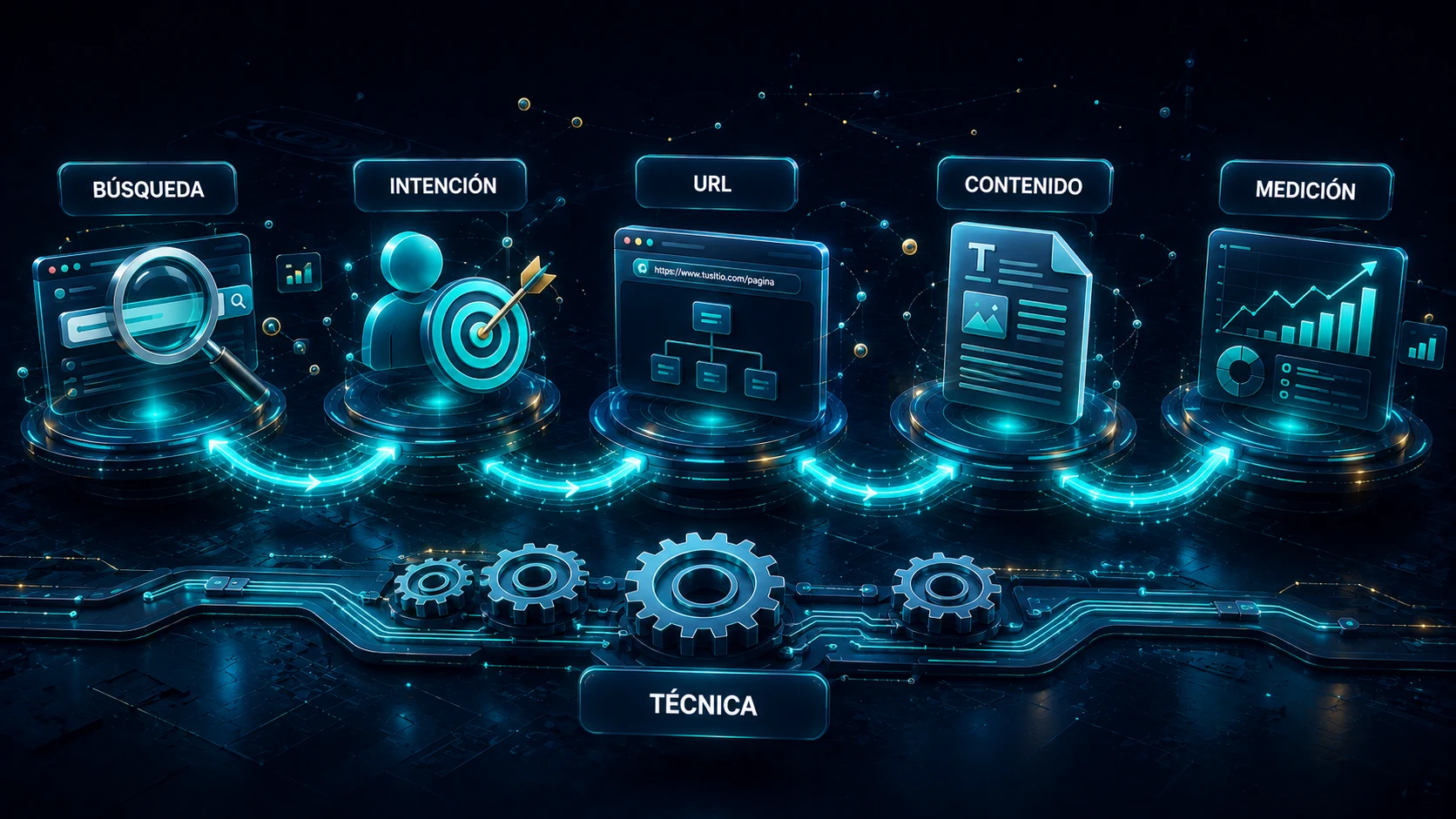 Modelo SEO visual de búsqueda, intención, URL, contenido y medición con la técnica como capa transversal.